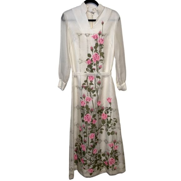Vintage Alfred Shaheen Maxi Dress with Sheer Sleeve and Roses - Picture 2 of 7